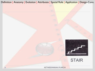 STAIR
Definition | Anatomy | Evolution | Attributes | Spatial Role | Application | Design-Cons.
KETHEESWARAN M.ARCH
 