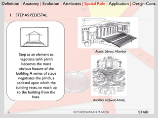 Definition | Anatomy | Evolution | Attributes | Spatial Role | Application | Design-Cons.
1. STEP AS PEDESTAL
Asiatic Library, Mumbai
Step as an element to
negotiate tehh plinth
becomes the most
obvious feature of the
building.A series of steps
negotiates the plinth, a
pedestal upon which the
building rests, to reach up
to the building from the
base.
Rudabai stepwell,Adalaj
STAIRKETHEESWARAN M.ARCH
 
