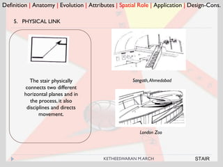 Definition | Anatomy | Evolution | Attributes | Spatial Role | Application | Design-Cons.
5. PHYSICAL LINK
Sangath,AhmedabadThe stair physically
connects two different
horizontal planes and in
the process, it also
disciplines and directs
movement.
London Zoo
STAIRKETHEESWARAN M.ARCH
 