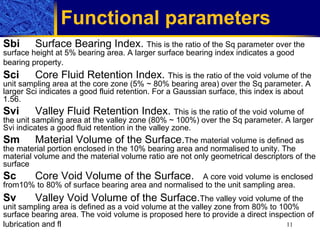 Functional parameters   Sbi Surface Bearing Index.  This is the ratio of the Sq parameter over the surface height at 5% bearing area. A larger surface bearing index indicates a good bearing property. Sci Core Fluid Retention Index.  This is the ratio of the void volume of the unit sampling area at the core zone (5% ~ 80% bearing area) over the Sq parameter. A larger Sci indicates a good fluid retention. For a Gaussian surface, this index is about 1.56. Svi Valley Fluid Retention Index.  This is the ratio of the void volume of the unit sampling area at the valley zone (80% ~ 100%) over the Sq parameter. A larger Svi indicates a good fluid retention in the valley zone. Sm   Material  Volume of the Surface. The material volume is defined as the material portion enclosed in the 10% bearing area and normalised to unity. The material volume and the material volume ratio are not only geometrical descriptors of the surface Sc Core Void Volume of the Surface.  A core void volume is enclosed from10% to 80% of surface bearing area and normalised to the unit sampling area. Sv Valley Void Volume of the Surface. The valley void volume of the unit sampling area is defined as a void volume at the valley zone from 80% to 100% surface bearing area. The void volume is proposed here to provide a direct inspection of lubrication and fl 