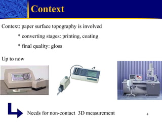 Context Context: paper surface topography is involved * converting stages: printing, coating * final quality: gloss Up to now Needs for non-contact  3D measurement 