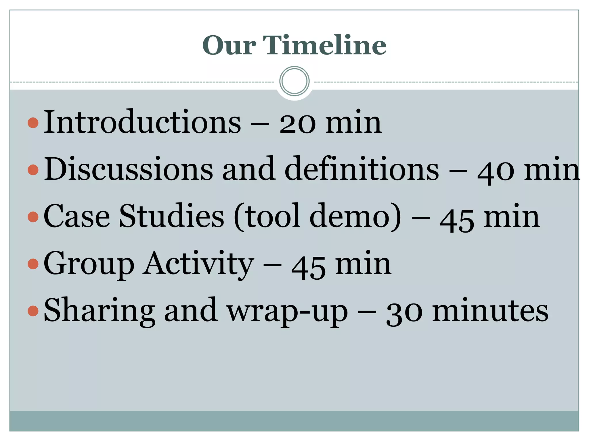 Our TimelineIntroductions – 20 minDiscussions and definitions – 40 minCase Studies (tool demo) – 45 minGroup Activity – 45 minSharing and wrap-up – 30 minutes