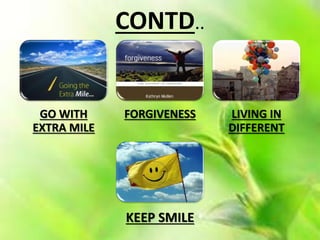 CONTD..
GO WITH
EXTRA MILE
FORGIVENESS LIVING IN
DIFFERENT
KEEP SMILE
 