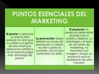 PUNTOS ESENCIALES DEL
MARKETING
El precio: si opta por
un precio alto
porque ha visto que
su público es gente
de alto nivel que
aprecia la calidad y
no le importa pagar
más. Estrategia de
precio.
La promoción: Debe
diseñar acciones de
promoción y valorar
no sólo cuánto le
costarán, sino lo que
obtendrá con ellas.
El producto: Su
producto debe estar
acorde con su
público objetivo, su
estrategia y el resto
de acciones de
marketing, no
transmita una
imagen y tenga un
producto que en
realidad es de otra
manera.
 