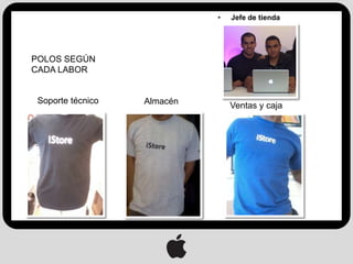 •   Jefe de tienda




POLOS SEGÚN
CADA LABOR


 Soporte técnico   Almacén       Ventas y caja
 