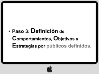 • Paso 3: Definición de
 Comportamientos, Objetivos y
 Estrategias por públicos definidos.
 