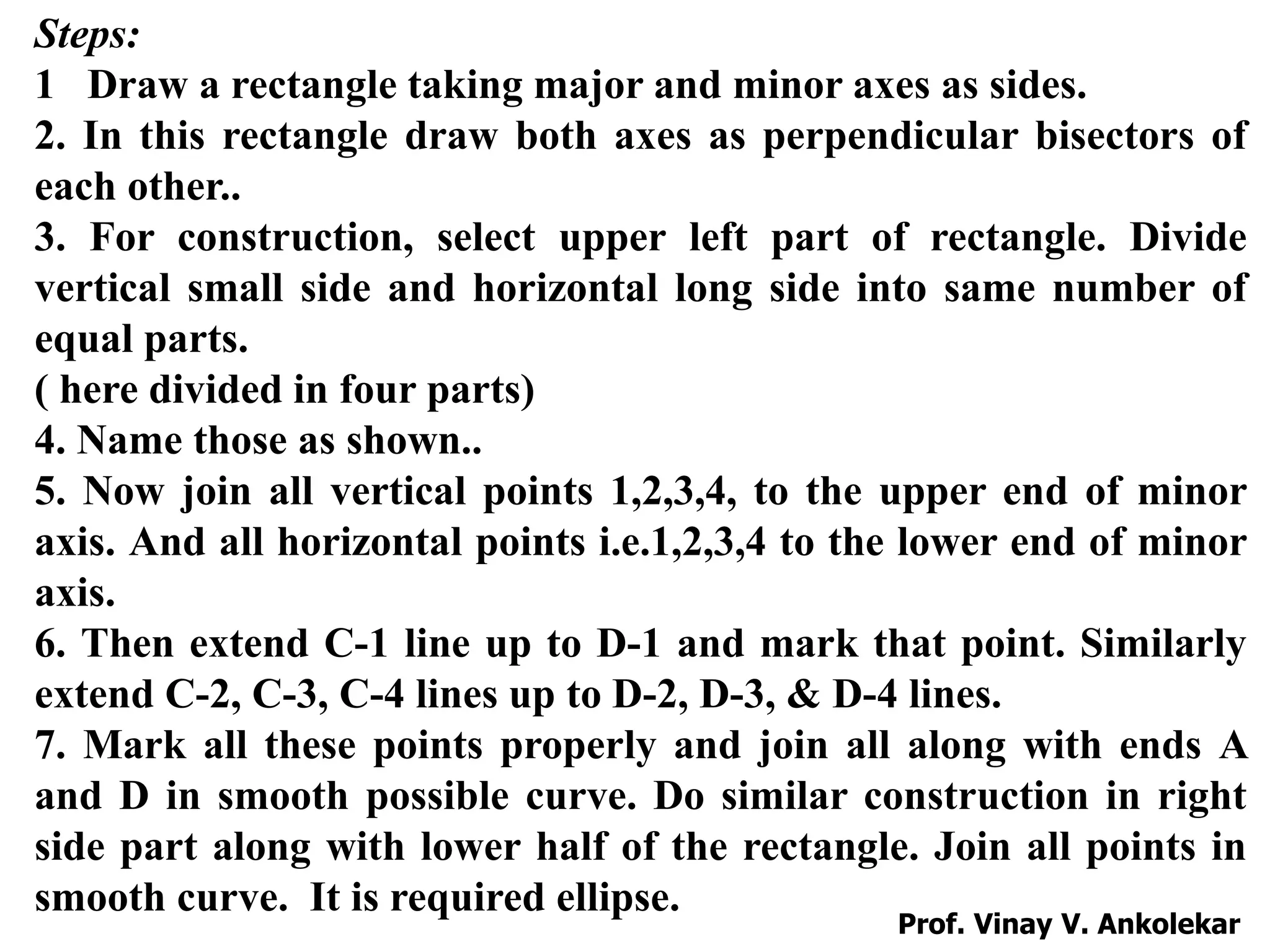 Steps:
1 Draw a rectangle taking major and minor axes as sides.
2. In this rectangle draw both axes as perpendicular bisectors of
each other..
3. For construction, select upper left part of rectangle. Divide
vertical small side and horizontal long side into same number of
equal parts.
( here divided in four parts)
4. Name those as shown..
5. Now join all vertical points 1,2,3,4, to the upper end of minor
axis. And all horizontal points i.e.1,2,3,4 to the lower end of minor
axis.
6. Then extend C-1 line up to D-1 and mark that point. Similarly
extend C-2, C-3, C-4 lines up to D-2, D-3, & D-4 lines.
7. Mark all these points properly and join all along with ends A
and D in smooth possible curve. Do similar construction in right
side part along with lower half of the rectangle. Join all points in
smooth curve. It is required ellipse.
Prof. Vinay V. Ankolekar
 
