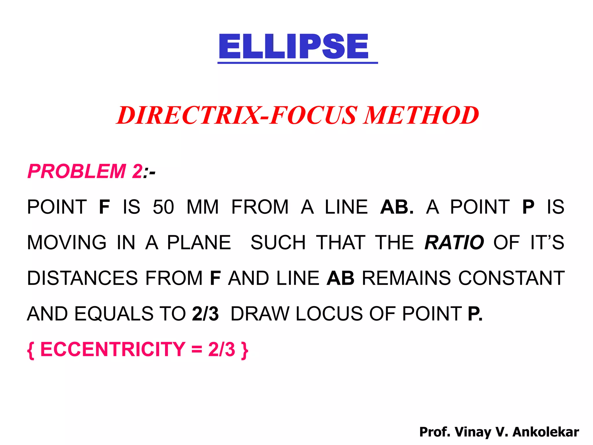 ELLIPSE
DIRECTRIX-FOCUS METHOD
PROBLEM 2:-
POINT F IS 50 MM FROM A LINE AB. A POINT P IS
MOVING IN A PLANE SUCH THAT THE RATIO OF IT’S
DISTANCES FROM F AND LINE AB REMAINS CONSTANT
AND EQUALS TO 2/3 DRAW LOCUS OF POINT P.
{ ECCENTRICITY = 2/3 }
Prof. Vinay V. Ankolekar
 