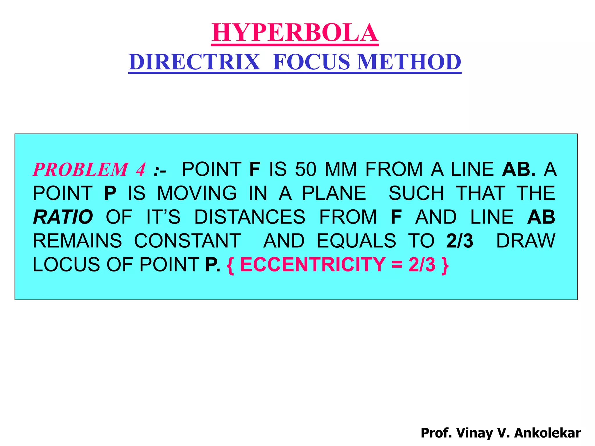 HYPERBOLA
DIRECTRIX FOCUS METHOD
PROBLEM 4 :- POINT F IS 50 MM FROM A LINE AB. A
POINT P IS MOVING IN A PLANE SUCH THAT THE
RATIO OF IT’S DISTANCES FROM F AND LINE AB
REMAINS CONSTANT AND EQUALS TO 2/3 DRAW
LOCUS OF POINT P. { ECCENTRICITY = 2/3 }
Prof. Vinay V. Ankolekar
 