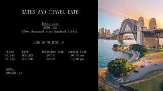 RATES AND TRAVEL DATE
Total Cost
2950 USD
(Two thousand nine hundred fifty)
JUNE 15 TO JUNE 18
FLIGHT RATE DEPARTURE TIME ARRIVAL TIME
UX 194 BOG-AUS 20:15 06:55 am
UX 150 AUS-BOG 02:40 12:40 pm
HOTEL_
SHANGRY –LA
 