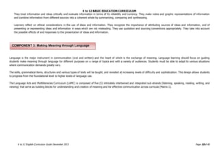 K to 12 BASIC EDUCATION CURRICULUM
K to 12 English Curriculum Guide December 2013 Page 10of 40
They treat information and ideas critically and evaluate information in terms of its reliability and currency. They make notes and graphic representations of information
and combine information from different sources into a coherent whole by summarizing, comparing and synthesizing.
Learners reflect on ethical considerations in the use of ideas and information. They recognize the importance of attributing sources of ideas and information, and of
presenting or representing ideas and information in ways which are not misleading. They use quotation and sourcing conventions appropriately. They take into account
the possible effects of and responses to the presentation of ideas and information.
Language is the major instrument in communication (oral and written) and the heart of which is the exchange of meaning. Language learning should focus on guiding
students make meaning through language for different purposes on a range of topics and with a variety of audiences. Students must be able to adapt to various situations
where communication demands greatly vary.
The skills, grammatical items, structures and various types of texts will be taught, and revisited at increasing levels of difficulty and sophistication. This design allows students
to progress from the foundational level to higher levels of language use.
The Language Arts and Multiliteracies Curriculum (LAMC) is composed of five (5) intricately intertwined and integrated sub-strands (listening, speaking, reading, writing, and
viewing) that serve as building blocks for understanding and creation of meaning and for effective communication across curricula (Matrix 1).
COMPONENT 3: Making Meaning through Language
 
