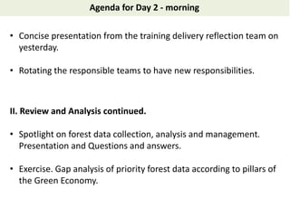 Agenda for Day 2 - morning
• Concise presentation from the training delivery reflection team on
yesterday.
• Rotating the responsible teams to have new responsibilities.
II. Review and Analysis continued.
• Spotlight on forest data collection, analysis and management.
Presentation and Questions and answers.
• Exercise. Gap analysis of priority forest data according to pillars of
the Green Economy.
 