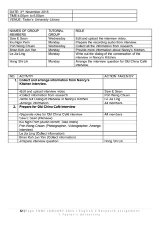 32 | P a g e F N B E J A N U A R Y 2 0 1 5 I E n g l i s h 2 R e s e a r c h a s s i g n m e n t
I T a y l o r ’ s U n i v e r s i t y
DATE: 3rd November 2015
TIME:4.00pm to 6.00pm
VENUE: Taylor’s University Library
NAMES OF GROUP
MEMBERS
TUTORIAL
GROUP
ROLE
Saw E Sean Wednesday Edit and upload the interview video.
Kiu Ngin Pern Monday Prepare the recording audio from interview.
Poh Weng Chuan Wednesday Collect all the information from research.
Brian Koh Jun Yan Monday Provide more information about Nancy’s Kitchen.
Le Jia Ling Monday Write out the dialog of the conversation of the
interview in Nancy’s Kitchen.
Hong Shi Lik Monday Arrange the interview question for Old China Café
interview.
NO. ACTIVITY ACTION TAKEN BY
1. Collect and arrange information from Nancy’s
Kitchen interview.
-Edit and upload interview video Saw E Sean
-Collect information from research Poh Weng Chuan
-Write out Dialog of interview in Nancy’s Kitchen Le Jia Ling
-Arrange information All members
2. Prepare for Old China Café interview
-Separate roles for Old China Café interview All members
Saw E Sean (Interview)
Kiu Ngin Pern (Audio record, Take notes)
Poh Weng Chuan (Photographer, Videographer, Arrange
interview)
Le Jia Ling (Collect information)
Brian Koh Jun Yan (Collect information)
-Prepare interview question Hong Shi Lik
 