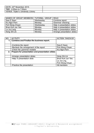 34 | P a g e F N B E J A N U A R Y 2 0 1 5 I E n g l i s h 2 R e s e a r c h a s s i g n m e n t
I T a y l o r ’ s U n i v e r s i t y
DATE: 24th November 2015
TIME: 4.00pm to 7.00pm
VENUE: Taylor’s University Library
NAMES OF GROUP MEMBERS TUTORIAL GROUP ROLE
Saw E Sean Wednesday Combine report
Kiu Ngin Pern Monday Grammar checking
Poh Weng Chuan Wednesday Help in presentation slides
Brian Koh Jun Yan Monday Help in presentation slides
Le Jia Liang Monday Help in presentation slides
Hong Shi Lik Monday Arrange presentation slides
NO. ACTIVITY ACTION TAKEN BY
1. Combine and Finalize the business report.
-Combine the report Saw E Sean
-Recheck the arrangement of the report Poh Weng Chuan
-Check the grammar mistake Kiu Ngin Pern
2. Prepare for presentation and presentation slides
-Arrange presentation slides Hong Shi Lik
-Help in presentation slide Brian Koh Jun Yan,
Le Jia Ling,
Poh Weng Chuan
-Practice the presentation All members
 