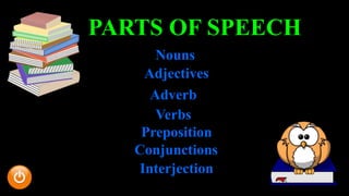 PARTS OF SPEECH
Nouns
Adjectives
Adverb
Verbs
Preposition
Conjunctions
Interjection
 