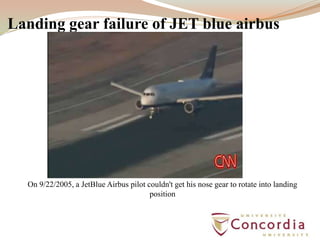 Landing gear failure of JET blue airbus
On 9/22/2005, a JetBlue Airbus pilot couldn't get his nose gear to rotate into landing
position
 