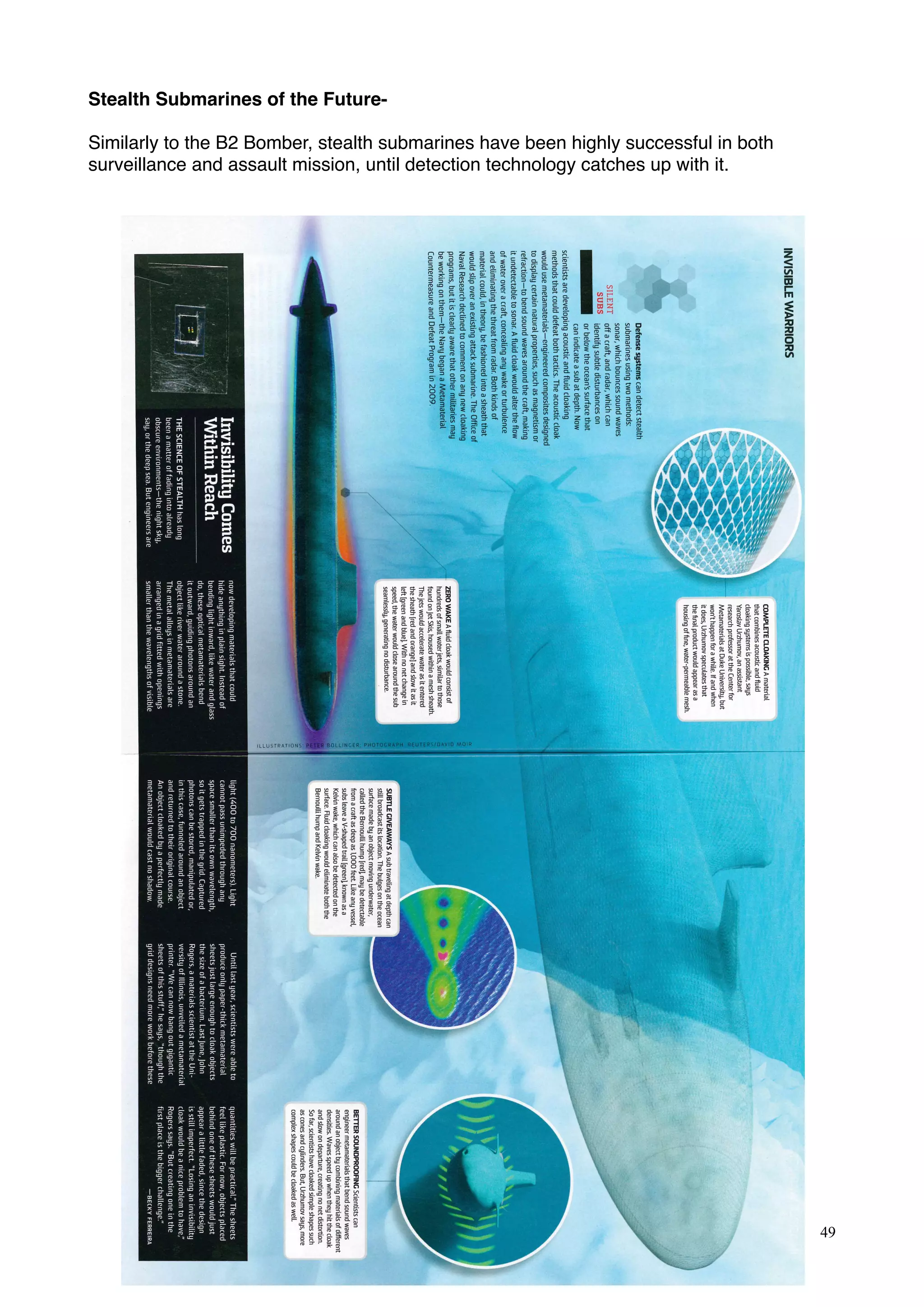 Stealth Submarines of the Future-
Similarly to the B2 Bomber, stealth submarines have been highly successful in both
surveillance and assault mission, until detection technology catches up with it.
49
 