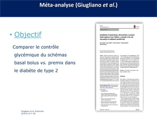 • Objectif
Comparer le contrôle
glycémique du schémas
basal bolus vs. premix dans
le diabète de type 2
Giugliano et al. En...