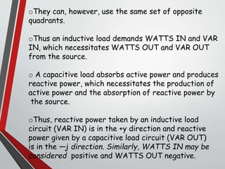 oThey can, however, use the same set of opposite
quadrants.
oThus an inductive load demands WATTS IN and VAR
IN, which necessitates WATTS OUT and VAR OUT
from the source.
o A capacitive load absorbs active power and produces
reactive power, which necessitates the production of
active power and the absorption of reactive power by
the source.
oThus, reactive power taken by an inductive load
circuit (VAR IN) is in the +y direction and reactive
power given by a capacitive load circuit (VAR OUT)
is in the —j direction. Similarly, WATTS IN may be
considered positive and WATTS OUT negative.
 