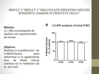 RESULT 3 “RESULT 3 “MILD FOLATE DEPLETION INDUCES
EPIGENETIC DAMAGE IN PROSTATE CELLS.”
Método:
LC_MS cromatografía de
líquidos con espectrómetro
de masas
Objetivo:
Realizar la cuantificación de
5-MetilCitosina para
determinar si la agotamiento
leve de folato induce
cambios en la metilación de
la isla CpG.
 