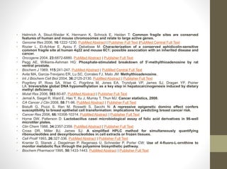• Helmrich A, Stout-Weider K, Hermann K, Schrock E, Heiden T: Common fragile sites are conserved
features of human and mouse chromosomes and relate to large active genes.
• Genome Res 2006, 16:1222-1230. PubMed Abstract | Publisher Full Text |PubMed Central Full Text
• Rozier L, El-Achkar E, Apiou F, Debatisse M: Characterization of a conserved aphidicolin-sensitive
common fragile site at human 4q22 and mouse 6C1: possible association with an inherited disease and
cancer.
• Oncogene 2004, 23:6872-6880. PubMed Abstract | Publisher Full Text
• Pegg AE, Williams-Ashman HG: Phosphate-stimulated breakdown of 5'-methylthioadenosine by rat
ventral prostate.
• Biochem J 1969, 115:241-247. PubMed Abstract | PubMed Central Full Text
• Avila MA, Garcia-Trevijano ER, Lu SC, Corrales FJ, Mato JM: Methylthioadenosine.
• Int J Biochem Cell Biol 2004, 36:2125-2130. PubMed Abstract | Publisher Full Text
• Pogribny IP, Ross SA, Wise C, Pogribna M, Jones EA, Tryndyak VP, James SJ, Dragan YP, Poirier
LA: Irreversible global DNA hypomethylation as a key step in hepatocarcinogenesis induced by dietary
methyl deficiency.
• Mutat Res 2006, 593:80-87. PubMed Abstract | Publisher Full Text
• Jemal A, Siegel R, Ward E, Hao Y, Xu J, Murray T, Thun MJ: Cancer statistics, 2008.
• CA Cancer J Clin 2008, 58:71-96. PubMed Abstract | Publisher Full Text
• Bistulfi G, Pozzi S, Ren M, Rossetti S, Sacchi N: A repressive epigenetic domino effect confers
susceptibility to breast epithelial cell transformation: implications for predicting breast cancer risk.
• Cancer Res 2006, 66:10308-10314. PubMed Abstract | Publisher Full Text
• Horne DW, Patterson D: Lactobacillus casei microbiological assay of folic acid derivatives in 96-well
microtiter plates.
• Clin Chem 1988, 34:2357-2359. PubMed Abstract | Publisher Full Text
• Cross DR, Miller BJ, James SJ: A simplified HPLC method for simultaneously quantifying
ribonucleotides and deoxyribonucleotides in cell extracts or frozen tissues.
• Cell Prolif 1993, 26:327-336. PubMed Abstract | Publisher Full Text
• Kramer D, Stanek J, Diegelman P, Regenass U, Schneider P, Porter CW: Use of 4-fluoro-L-ornithine to
monitor metabolic flux through the polyamine biosynthetic pathway.
• Biochem Pharmacol 1995, 50:1433-1443. PubMed Abstract | Publisher Full Text
 