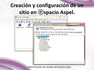 Creación y configuración de un
sitio en ⓔspacio Aspel.
Administración de carpetas del Espacio Aspel.
 