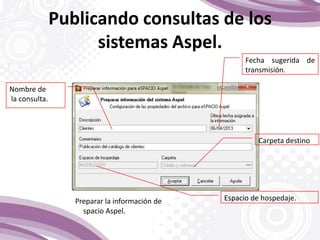 Fecha sugerida de
transmisión.
Carpeta destino
Espacio de hospedaje.Preparar la información de
spacio Aspel.
Publicando consultas de los
sistemas Aspel.
Publicando consultas de los
sistemas Aspel.
Nombre de
la consulta.
 