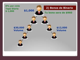 $5k $5k
52
8% por ciclo
Tapa Diaria
$ 1,000 $1,000
2) Bonos de Binario
$30,000 
Volume
Tu bono sera de $960
$12,000 
Volume
 