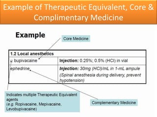 Example of Therapeutic Equivalent, Core &
Complimentary Medicine
 