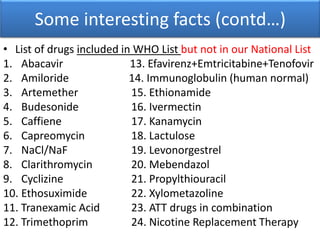 Some interesting facts (contd…)
• List of drugs included in WHO List but not in our National List
1. Abacavir 13. Efavirenz+Emtricitabine+Tenofovir
2. Amiloride 14. Immunoglobulin (human normal)
3. Artemether 15. Ethionamide
4. Budesonide 16. Ivermectin
5. Caffiene 17. Kanamycin
6. Capreomycin 18. Lactulose
7. NaCl/NaF 19. Levonorgestrel
8. Clarithromycin 20. Mebendazol
9. Cyclizine 21. Propylthiouracil
10. Ethosuximide 22. Xylometazoline
11. Tranexamic Acid 23. ATT drugs in combination
12. Trimethoprim 24. Nicotine Replacement Therapy
 