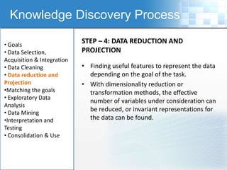 Knowledge Discovery Process

• Goals
                            STEP – 4: DATA REDUCTION AND
• Data Selection,           PROJECTION
Acquisition & Integration
• Data Cleaning             • Finding useful features to represent the data
• Data reduction and          depending on the goal of the task.
Projection                  • With dimensionality reduction or
•Matching the goals           transformation methods, the effective
• Exploratory Data
                              number of variables under consideration can
Analysis
• Data Mining
                              be reduced, or invariant representations for
•Interpretation and           the data can be found.
Testing
• Consolidation & Use
 