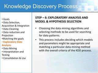 Knowledge Discovery Process

• Goals
                            STEP – 6: EXPLORATORY ANALYSIS AND
• Data Selection,           MODEL & HYPOTHESIS SELECTION
Acquisition & Integration
• Data Cleaning             • Choosing the data mining algorithms and
• Data reduction and          selecting methods to be used for searching
Projection                    for data patterns.
•Matching the goals         • This process includes deciding which models
• Exploratory Data
                              and parameters might be appropriate and
Analysis
• Data Mining
                              matching a particular data-mining method
• Interpretation and          with the overall criteria of the KDD process.
Testing
• Consolidation & Use
 