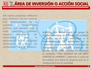 ÁREA DE INVERSIÓN O ACCIÓN SOCIAL DIA realiza proyectos solidarios para colaborar con los sectores más desfavorecidos de la sociedad. Desarrollando acciones que aporten valor a estos colectivos, cobrando especial importancia los relacionados con la alimentación y la seguridad alimentaria así como los relacionados con al infancia.  DIRECCIÓN ESTRATÉGICA 10/11  9 Además, DIA forma parte del grupo de Entidades Amigas de la Fundación Lealtad, a través de la cual contribuye a la financiación de las actividades de la Fundación para promover los principios de transparencia y buenas prácticas de gestión de las ONG. También ha realizado la campaña “UNA SONRISA DE UN NIÑO CONTRA EL HAMBRE”, referente a unos de los valores que tiene la empresa que es el compromiso con la sociedad. Click: menú principal 