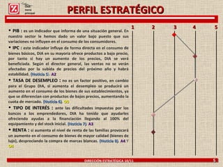 DIRECCIÓN ESTRATÉGICA 10/11  5 PIB :  es un indicador que informa de una situación general. En nuestro sector le hemos dado un valor bajo puesto que sus variaciones no influyen en el consumo de los consumidores. IPC :  este indicador influye de forma directa en el consumo de bienes básicos, DIA en su mayoría ofrece productos a bajo precio, por tanto si hay un aumento de los precios, DIA se verá beneficiada. Según el director general, las ventas no se verán afectadas por la subida de precios del próximo año y habrá estabilidad.  (Noticia 5 ) .  A2 TASA DE DESEMPLEO  :   no es un factor positivo, en cambio para el Grupo DIA,   si aumenta el desempleo se producirá un aumento en el consumo de los bienes de sus establecimientos, ya que se diferencian con productos de bajos precios, aumentando la cuota de mercado.  (Noticia 6) .  O3 TIPO DE INTERÉS  :  ante las dificultades impuestas por los bancos a los emprendedores, DIA ha tenido que ayudarles ofreciendo ayudas a la financiación llegando al 100% del equipamiento y del stock inicial.  (Noticia 7) .  A3 RENTA  :   si aumenta el nivel de renta de las familias provocará un aumento en el consumo de bienes de mayor calidad (bienes de lujo), despreciando la compra de marcas blancas.  (Noticia 8) .  A4  Y  O4 1  2  3  4  5  Click: menú principal PERFIL ESTRATÉGICO 