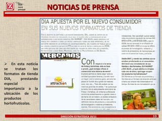 En esta noticia se tratan los formatos de tienda DIA, prestando especial importancia a la ubicación de los productos hortofrutícolas. DIRECCIÓN ESTRATÉGICA 10/11  13 Click: menú principal NOTICIAS DE PRENSA 
