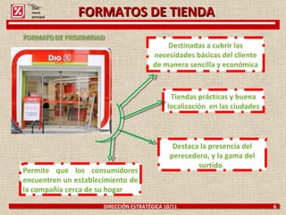FORMATOS DE TIENDA DIRECCIÓN ESTRATÉGICA 10/11  6 Destinadas a cubrir las necesidades básicas del cliente de manera sencilla y económica Tiendas prácticas y buena localización  en las ciudades Permite que los consumidores encuentren un establecimiento de la compañía cerca de su hogar Destaca la presencia del perecedero, y la gama del surtido .  Click: menú principal 