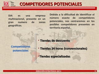 COMPETIDORES POTENCIALES DIRECCIÓN ESTRATÉGICA 10/11  9 DIA es una empresa multinacional, presente en un gran numero de zonas geográficas.  Debido a la dificultad de identificar el número exacto de competidores potenciales, nos centraremos en los posibles competidores presentes en territorio español. Tiendas de descuento Tiendas 24 horas (convencionales) Tiendas especializadas Click: menú principal 