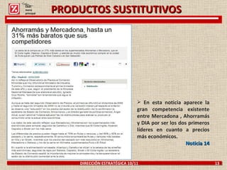 PRODUCTOS SUSTITUTIVOS DIRECCIÓN ESTRATÉGICA 10/11  13 En esta noticia aparece la gran competencia existente entre Mercadona , Ahorramás y DIA por ser los dos primeros líderes en cuanto a precios más económicos. Noticia 14 Click: menú principal 