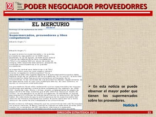PODER NEGOCIADOR PROVEEDORRES DIRECCIÓN ESTRATÉGICA 10/11  23 En esta noticia se puede observar el mayor poder que tienen los supermercados sobre los proveedores.   Noticia 6 Click: menú principal 
