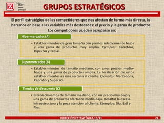 GRUPOS ESTRATÉGICOS DIRECCIÓN ESTRATÉGICA 10/11  24 El perfil estratégico de los competidores que nos afectan de forma más directa, lo haremos en base a las variables más destacadas: el precio y la gama de productos. Los competidores pueden agruparse en: Click: menú principal 