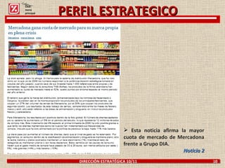 DIRECCIÓN ESTRATÉGICA 10/11  10 PERFIL ESTRATEGICO Esta noticia afirma la mayor cuota de mercado de Mercadona frente a Grupo DIA. Noticia 2 Click: menú principal 