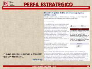 DIRECCIÓN ESTRATÉGICA 10/11  14 PERFIL ESTRATEGICO Aquí podemos observar la inversión que DIA dedica a I+D. Noticia 23 Click: menú principal 