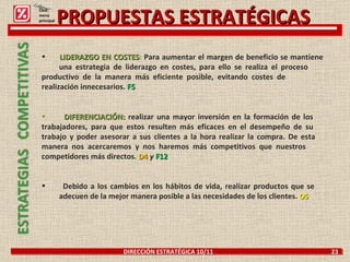 DIRECCIÓN ESTRATÉGICA 10/11  23 PROPUESTAS ESTRATÉGICAS LIDERAZGO EN COSTES :  Para aumentar el margen de beneficio se mantiene  una estrategia de liderazgo en costes, para ello se realiza el proceso  productivo de la manera más eficiente posible, evitando costes de  realización innecesarios.  F5 DIFERENCIACIÓN:   realizar una mayor inversión en la formación de los  trabajadores, para que estos resulten más eficaces en el desempeño de su  trabajo y poder asesorar a sus clientes a la hora realizar la compra. De esta  manera nos acercaremos y nos haremos más competitivos que nuestros  competidores más directos.  D4   y   F12 Debido a los cambios en los hábitos de vida, realizar productos que se    adecuen de la mejor manera posible a las necesidades de los clientes.   O5 Click: menú principal 