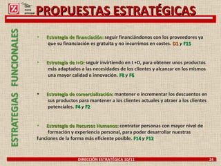 PROPUESTAS ESTRATÉGICAS Estrategia de financiación:  seguir financiándonos con los proveedores ya  que su financiación es gratuita y no incurrimos en costes.  D1   y   F15 Estrategia de I+D:  seguir invirtiendo en I +D, para obtener unos productos  más adaptados a las necesidades de los clientes y alcanzar en los mismos  una mayor calidad e innovación.  F8   y   F6 Estrategia de comercialización:  mantener e incrementar los descuentos en  sus productos para mantener a los clientes actuales y atraer a los clientes  potenciales.  F4   y   F2 Estrategia de Recursos Humanos:  contratar personas con mayor nivel de  formación y experiencia personal, para poder desarrollar nuestras  funciones de la forma más eficiente posible.  F14   y   F12 DIRECCIÓN ESTRATÉGICA 10/11  24 Click: menú principal 