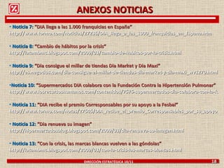 Noticia 7:  “ DIA llega a las 1.000 franquicias en España” http://www.tormo.com/noticias/27236/DIA_llega_a_las_1000_franquicias_en_Espana.htm Noticia 8:  “ Cambio de hábitos por la crisis” http://latambmc.blogspot.com/2009/03/cambio-de-habitos-por-la-crisis.html Noticia 9:  “ Dia consigue el millar de tiendas Dia Market y Dia Maxi” http://es.negocius.com/dia-consigue-el-millar-de-tiendas-dia-market-y-dia-maxi_wv1270.html Noticia 10:  “ Supermercados DIA colabora con la Fundación Contra la Hipertensión Pulmonar” http://www.losrecursoshumanos.com/contenidos/7575-supermercados-dia-colabora-con-la-fundacion-contra-la-hipertension-pulmonar.html Noticia 11:  “DIA recibe el premio Corresponsables por su apoyo a la Fesbal” http://www.tormo.com/notas/27545/DIA_recibe_el_premio_Corresponsables_por_su_apoyo_a_la_Fesbal.htm Noticia 12:  “Dia renueva su imagen”  http://hipermercadosblog.blogspot.com/2009/03/dia-renueva-su-imagen.html Noticia 13:  “Con la crisis, las marcas blancas vuelven a las góndolas”  http://latambmc.blogspot.com/2009/03/con-la-crisis-las-marcas-blancas.html DIRECCIÓN ESTRATÉGICA 10/11  18 ANEXOS NOTICIAS 