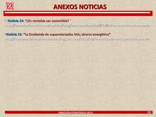 Noticia 14:  “¿Es rentable ser sostenible?  “ http://casabioclimatica.com/noticias/blog/casa-bioclimatica/%C2%BFes-rentable-ser-sostenible/ Noticia 15:  “ La Ecotienda de supermercados DIA; ahorro energético”  http://ventanadelmedioambiente.blogspot.com/2010/09/la-ecotienda-de-supermercados-dia.html   DIRECCIÓN ESTRATÉGICA 10/11  19 ANEXOS NOTICIAS 