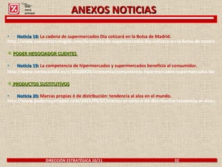 Noticia 18:  La cadena de supermercados Dia cotizará en la Bolsa de Madrid.  http://www.nuevastecnologias.com/la-cadena-de-supermercados-dia-cotizara-en-la-bolsa-de-madrid-02-03-2011/ PODER NEGOCIADOR CLIENTES  Noticia 19:  La competencia de hipermercados y supermercados beneficia al consumidor. http://www.nortecastilla.es/v/20100924/economia/competencia-hipermercados-supermercados-beneficia-20100924.html PRODUCTOS SUSTITUTIVOS Noticia 20:  Marcas propias ó de distribución: tendencia al alza en el mundo. http://www.podernegociador.com/2010/09/07/marcas-propias-o-de-distribucion-tendencia-al-alza-en-el-mundo/#ixzz1GlCceqqc DIRECCIÓN ESTRATÉGICA 10/11  32  Click: menú principal ANEXOS NOTICIAS 