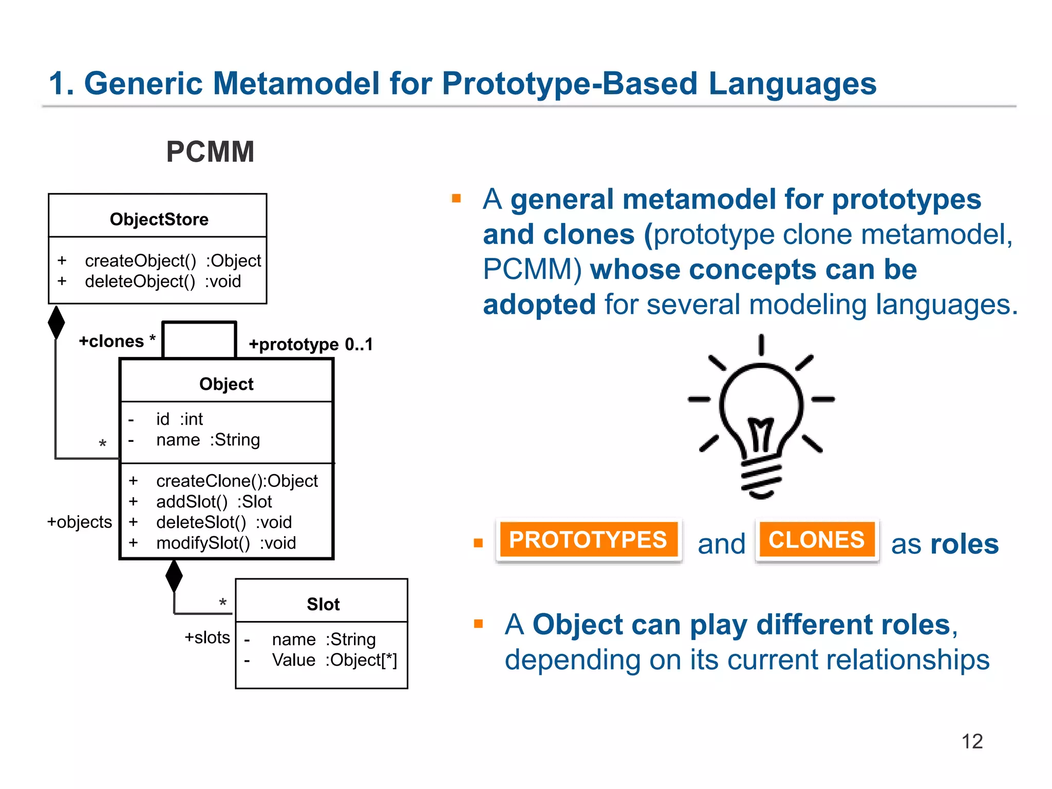 1. Generic Metamodel for Prototype-Based Languages
 A general metamodel for prototypes
and clones (prototype clone metamodel,
PCMM) whose concepts can be
adopted for several modeling languages.
PROTOTYPES CLONES and as roles
 A Object can play different roles,
depending on its current relationships
ObjectStore
+ createObject() :Object
+ deleteObject() :void
Slot
- name :String
- Value :Object[*]
+objects
+slots
Object
- id :int
- name :String
+ createClone():Object
+ addSlot() :Slot
+ deleteSlot() :void
+ modifySlot() :void
+prototype 0..1+clones *
*
*
12
PCMM
 