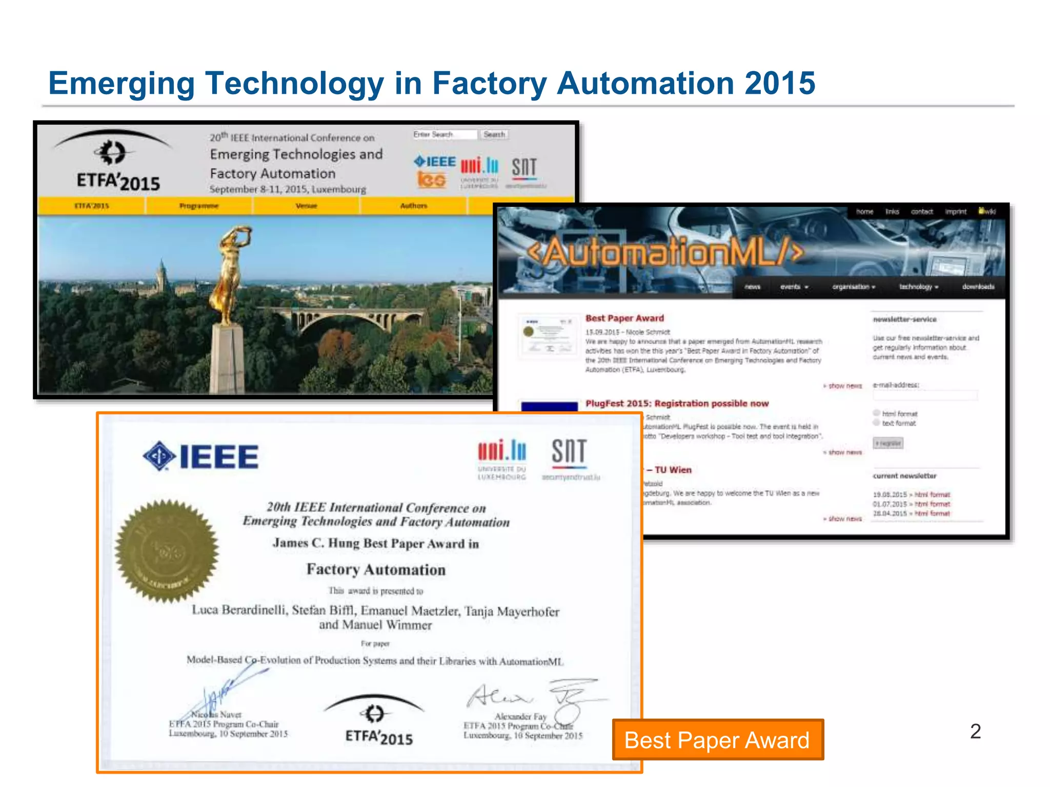 Emerging Technology in Factory Automation 2015
2Best Paper Award
 