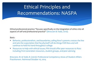 Ethical professional practice “focuses specifically on the integration of ethics into all
aspects of self and professional practice” (Bresciani & Todd, 2010).
Basic:
 Behavior, professionalism, and boundaries; calling Ross’s parents crosses the line
and sets the expectation that faculty/staff will do things FOR Ross and will
continue to hold his hand throughout college
 Resources to help with ethical issues; Phil should offer peer resources to Ross
including First Generation resources, student groups, and peer advising
Bresciani, M. & Todd, D. (2010). Professional Competency Areas of Student Affairs
Practitioners. Retrieved October 16, 2014.
Ethical Principles and
Recommendations: NASPA
 